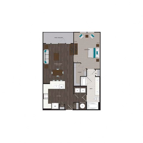 Floor plan for 1 bed, 1 bath, 842 sqft